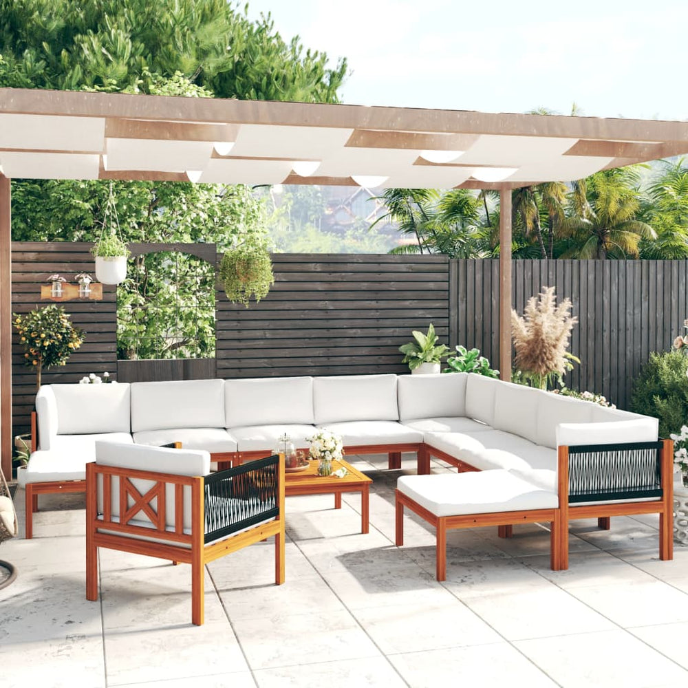 vidaXL Salon de jardin 12 pcs avec coussins Bois d'acacia et corde Crème