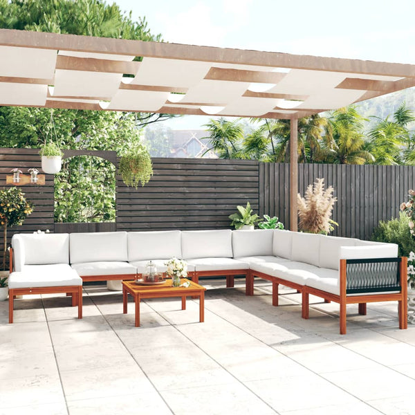 9-tlg. Garten-Lounge-Set mit Kissen Cremefarbenes Holz Akazie & Seil