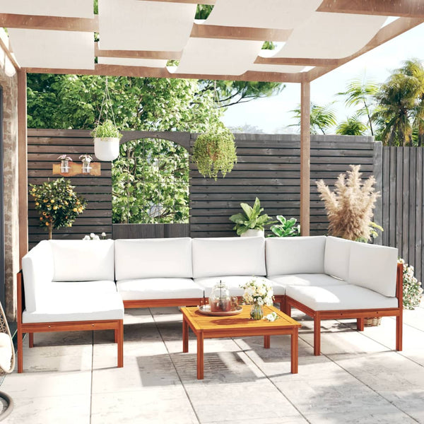 7-tlg. Garten-Lounge-Set mit Kissen Cremefarbenes Holz Akazie & Seil