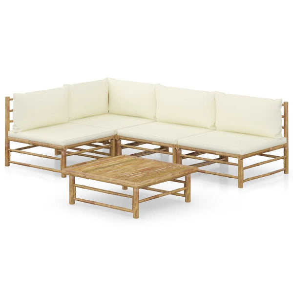 5-tlg. Garten-Lounge-Set mit Cremeweißen Kissen Bambus