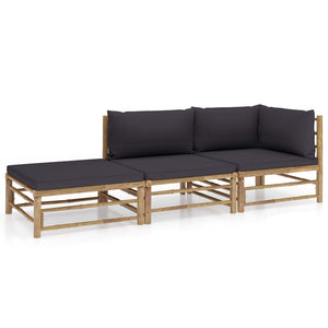 3-tlg. Garten-Lounge-Set mit Dunkelgrauen Kissen Bambus