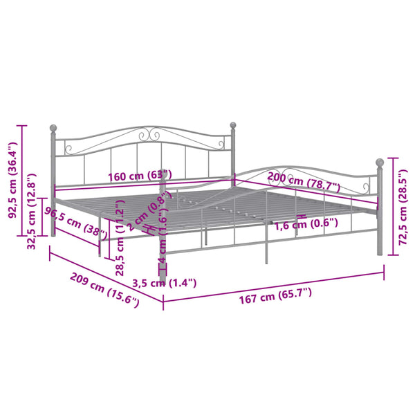 vidaXL Grey Metal Bed 160x200 cm