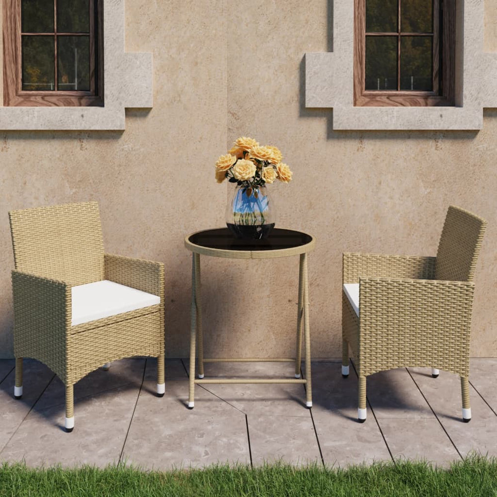 vidaXL Ensemble de bistrot 3 pcs en résine tressée et verre trempé Beige