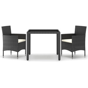 3-tlg. Garten-Essgruppe Poly Rattan und Hartglas Schwarz