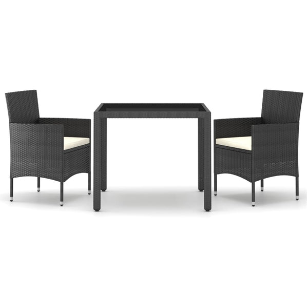 3-tlg. Garten-Essgruppe Poly Rattan und Hartglas Schwarz