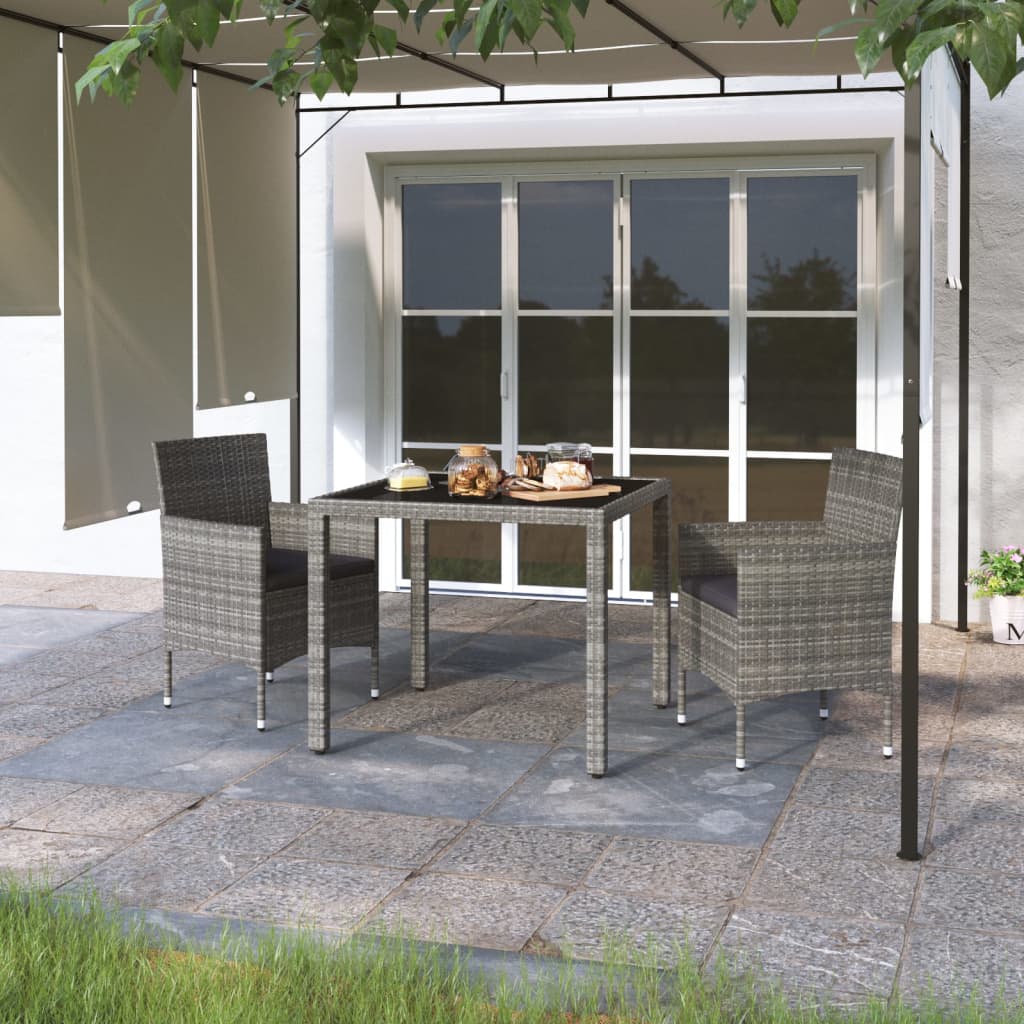 3-tlg. Garten-Essgruppe Poly Rattan und Hartglas Grau