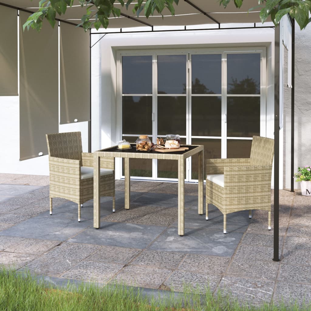 3-tlg. Garten-Essgruppe Poly Rattan und Hartglas Beige