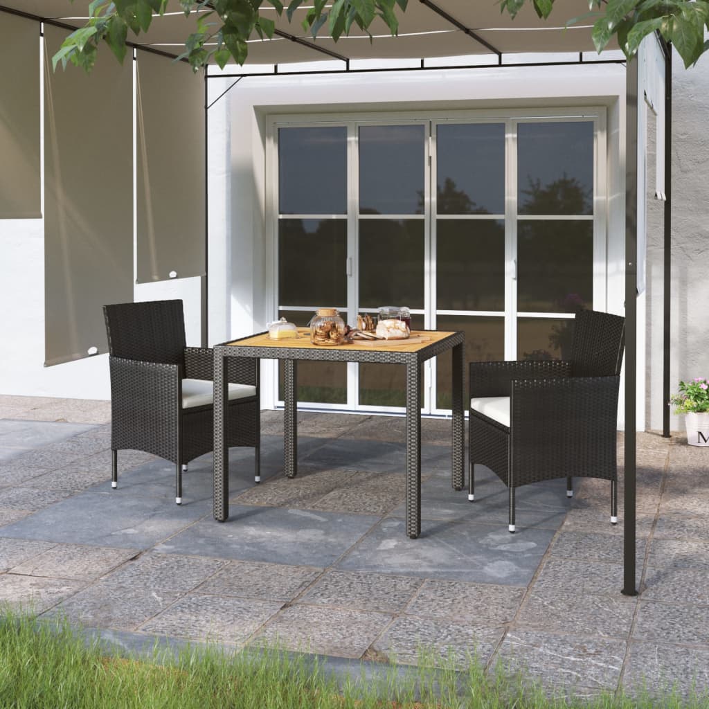 3-tlg. Garten-Essgruppe Poly Rattan & Massivholz Akazie Schwarz