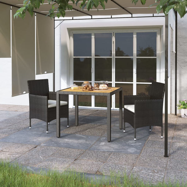 3-tlg. Garten-Essgruppe Poly Rattan & Massivholz Akazie Schwarz