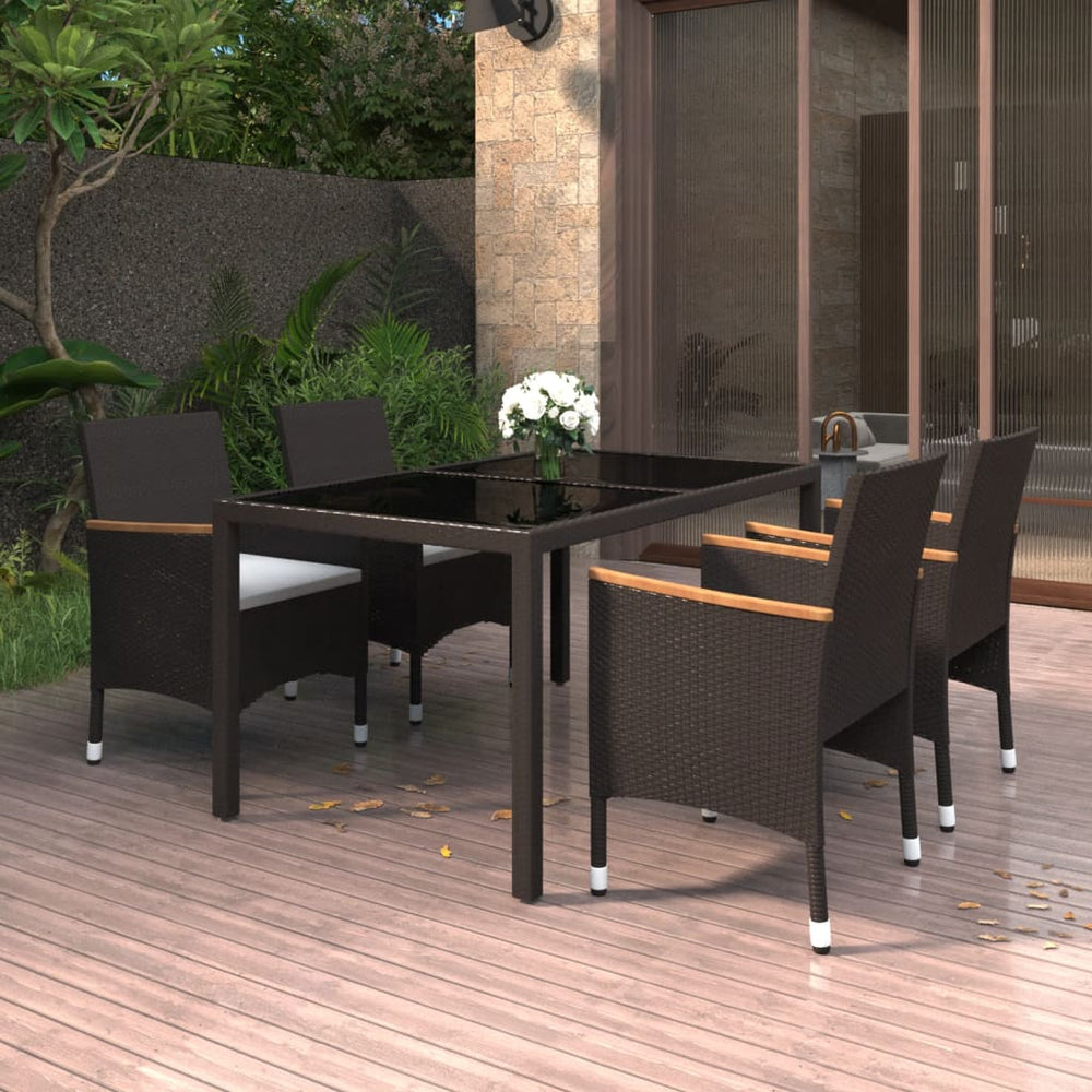 vidaXL Ensemble repas de jardin 5 pcs en résine tressée et verre trempé Noir
