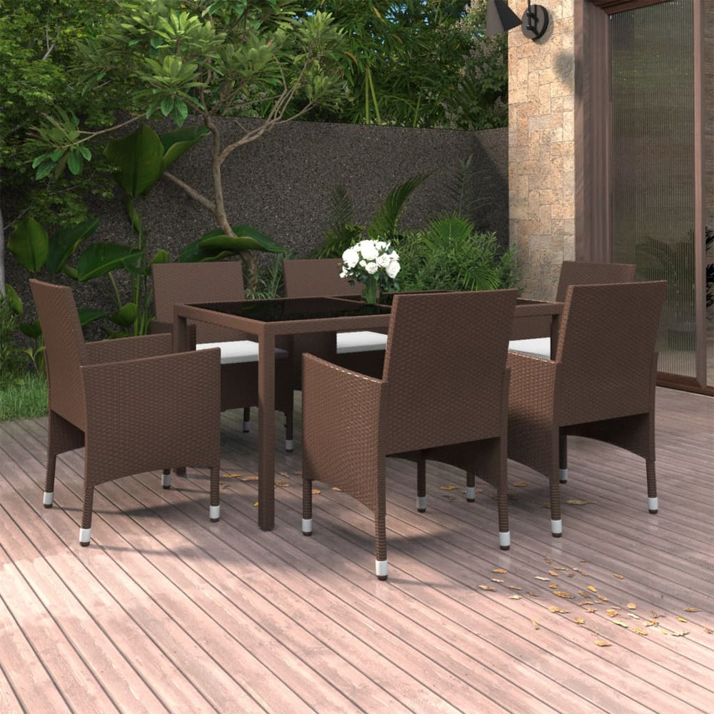 vidaXL Salon de jardin à dîner 7 pcs Résine tressée et verre trempé Marron