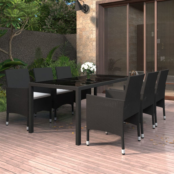 7-tlg. Garten-Essgruppe Poly Rattan und Hartglas Schwarz