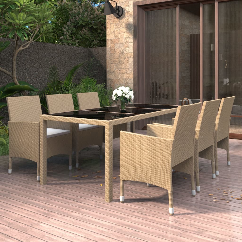 7-tlg. Garten-Essgruppe Poly Rattan und Hartglas Beige
