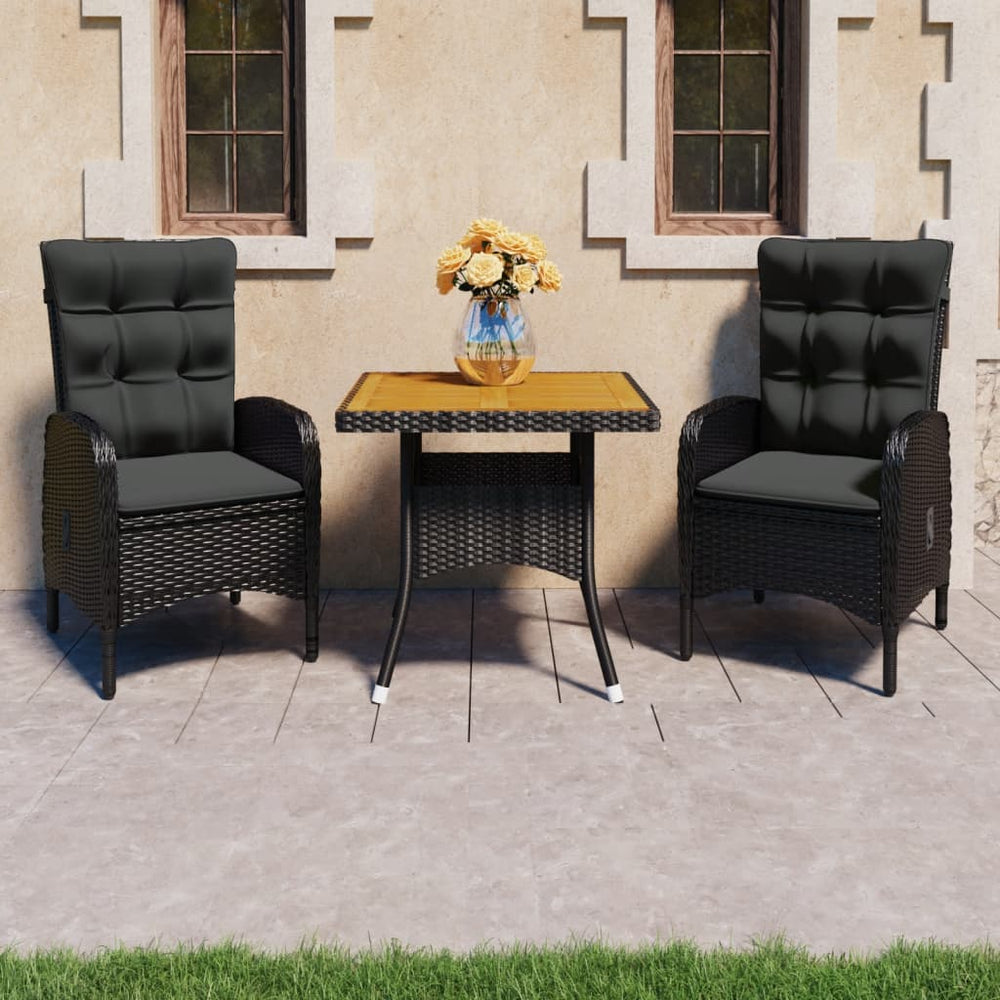 vidaXL Ensemble repas de jardin 3 pcs en résine tressée et bois d'acacia Noir