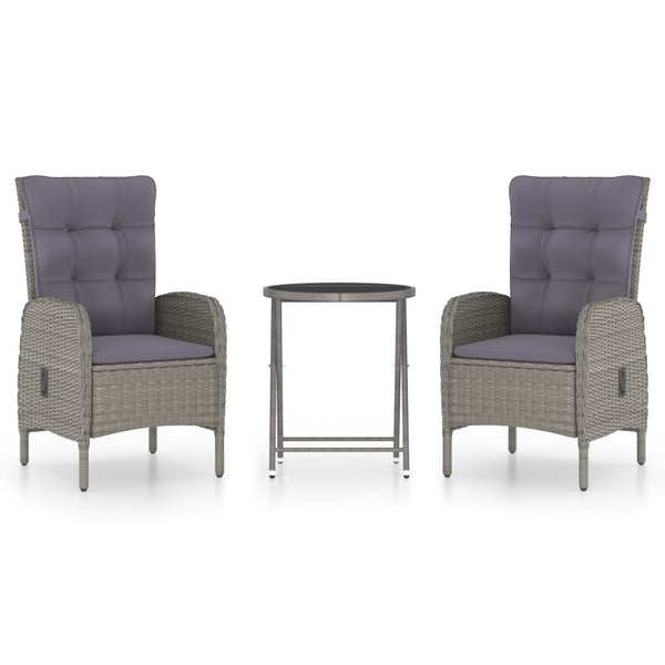 3-tlg. Bistro-Set Poly Rattan und Glas Grau