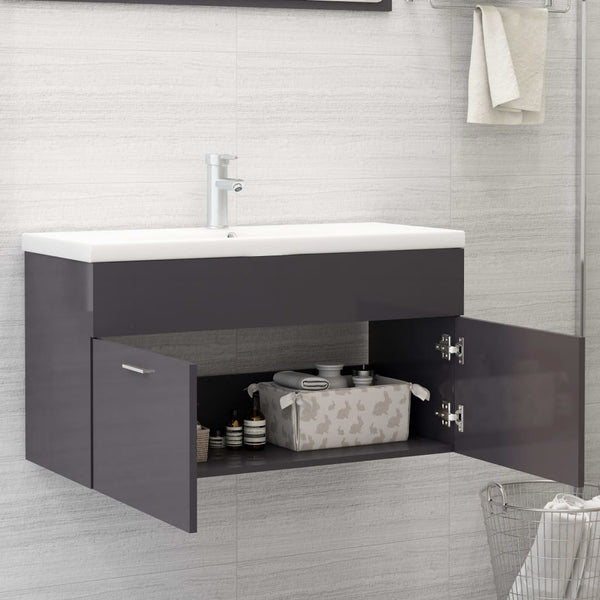 Waschbeckenunterschrank Grau Hochglanz 90cm
