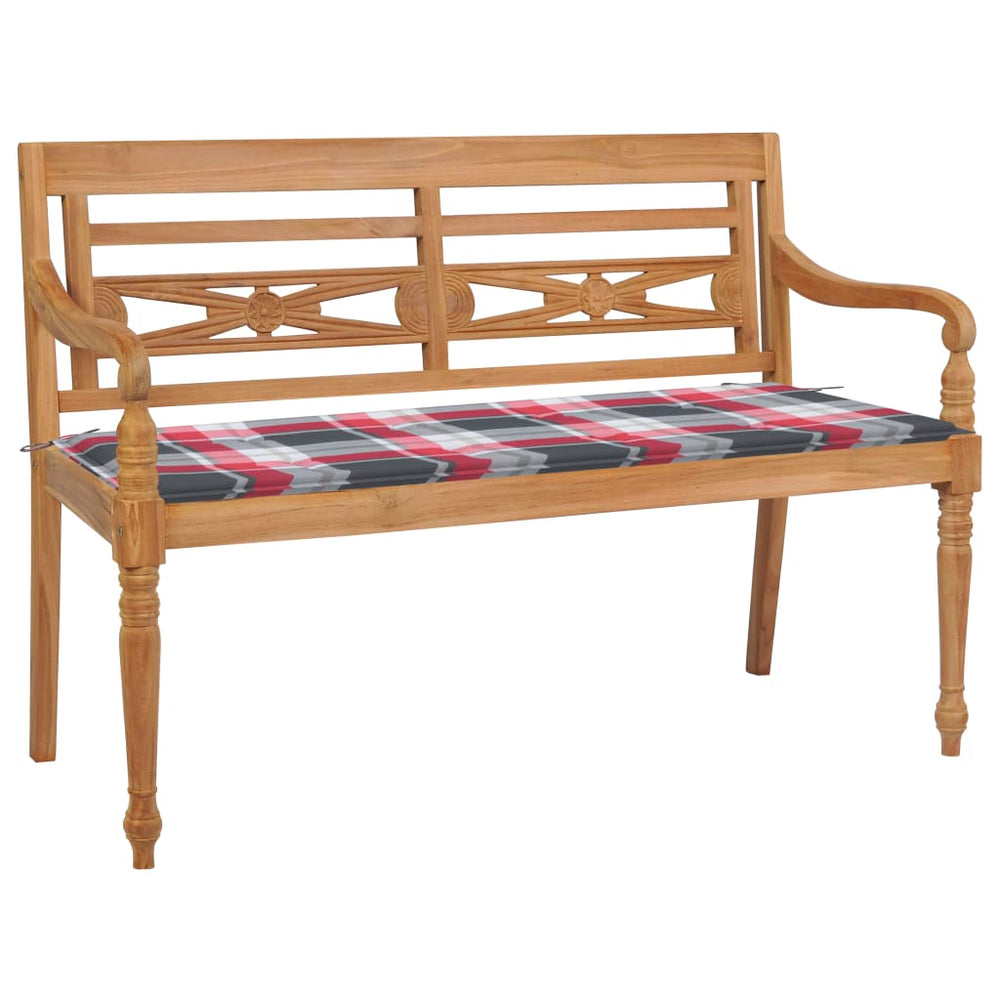 Batavia-Gartenbank Rotes Karomuster-Kissen 120 cm Teak Massiv