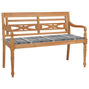 Batavia-Gartenbank Graues Karomuster-Kissen 120 cm Teak Massiv