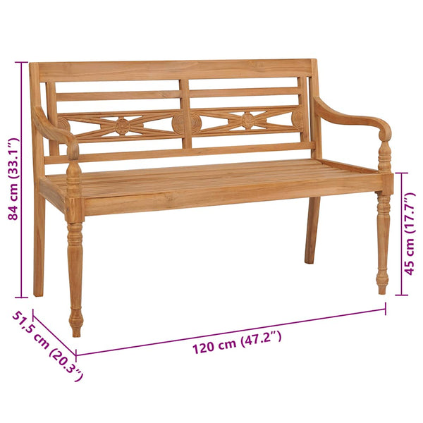 Batavia-Gartenbank Graues Karomuster-Kissen 120 cm Teak Massiv