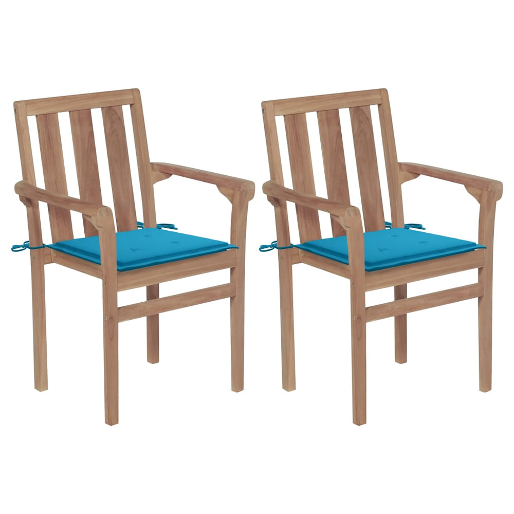 Gartenstühle 2 Stk. mit Blauen Kissen Teak Massivholz