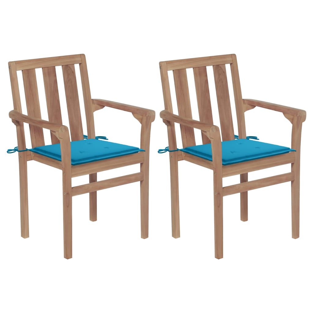 Gartenstühle 2 Stk. mit Blauen Kissen Teak Massivholz