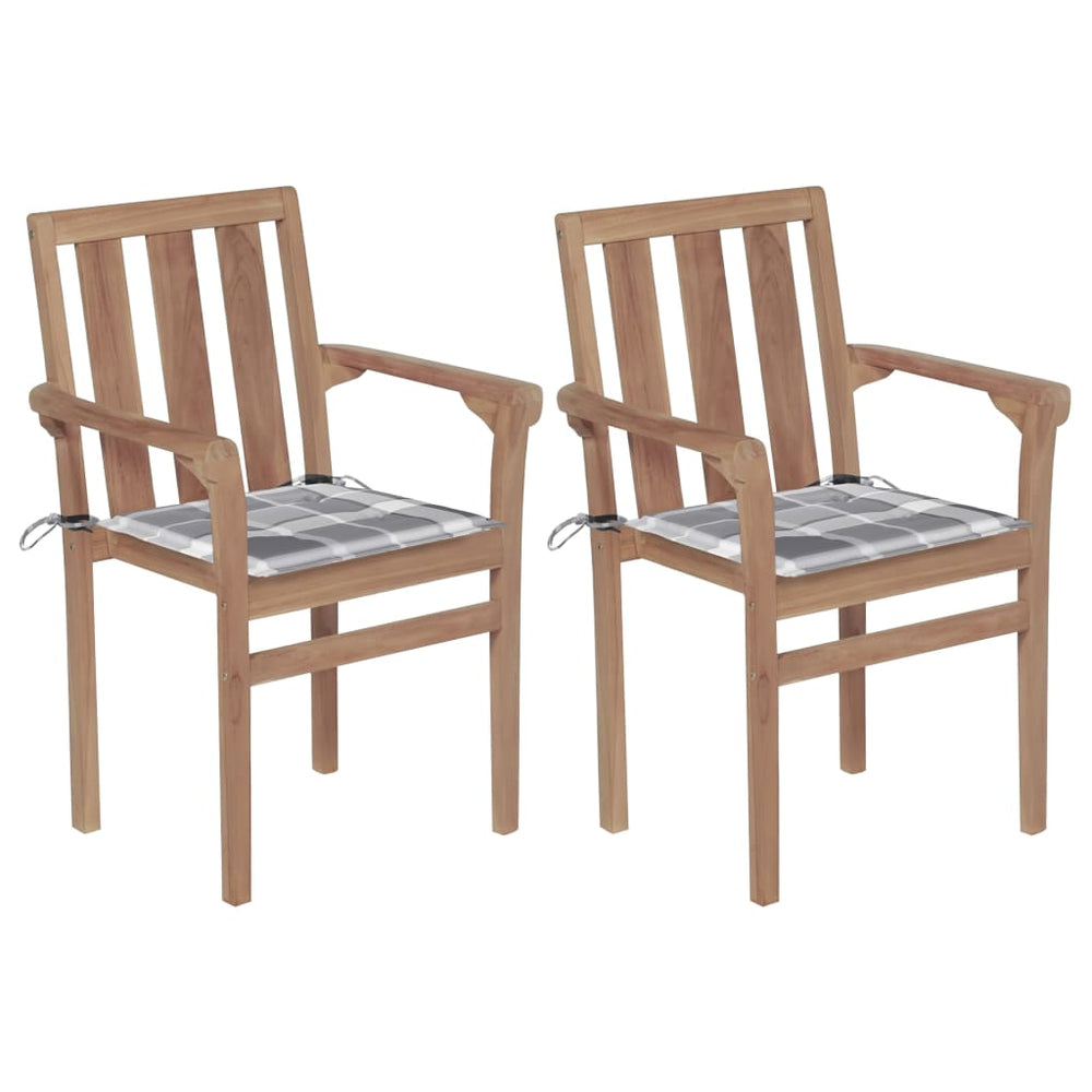 Gartenstühle 2 Stk. Graue Karomuster-Kissen Massivholz Teak