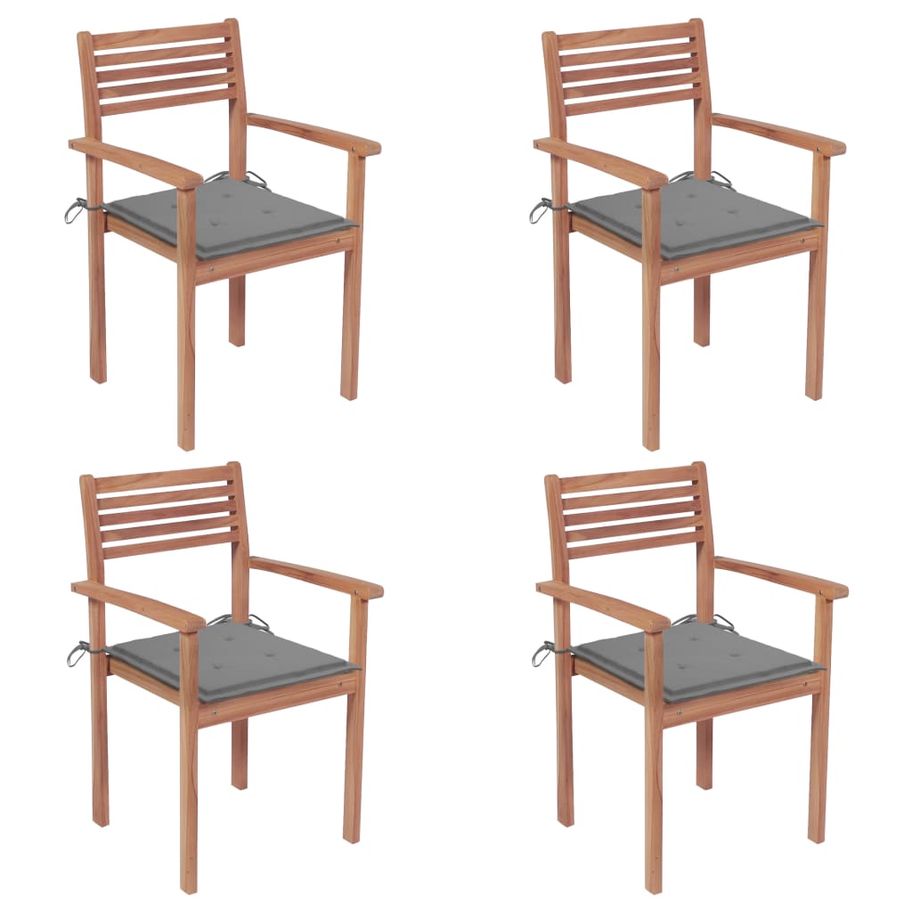 Gartenstühle 4 Stk. mit Grauen Kissen Massivholz Teak