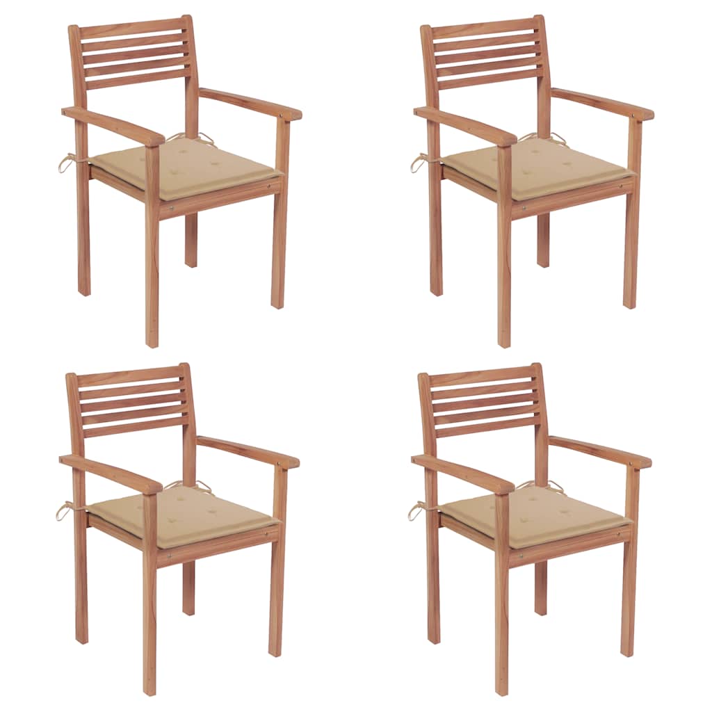 Gartenstühle 4 Stk. mit Beigen Kissen Massivholz Teak