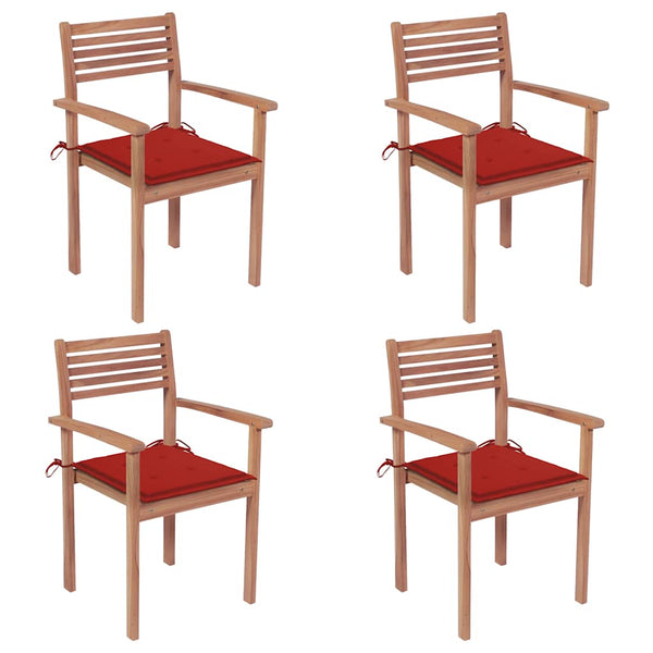 Gartenstühle 4 Stk. mit Roten Kissen Massivholz Teak