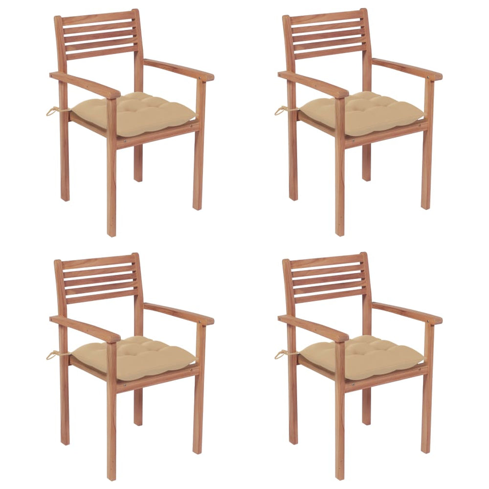 Gartenstühle 4 Stk. mit Beigen Kissen Massivholz Teak