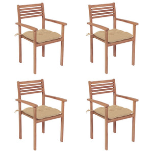 Gartenstühle 4 Stk. mit Beigen Kissen Massivholz Teak