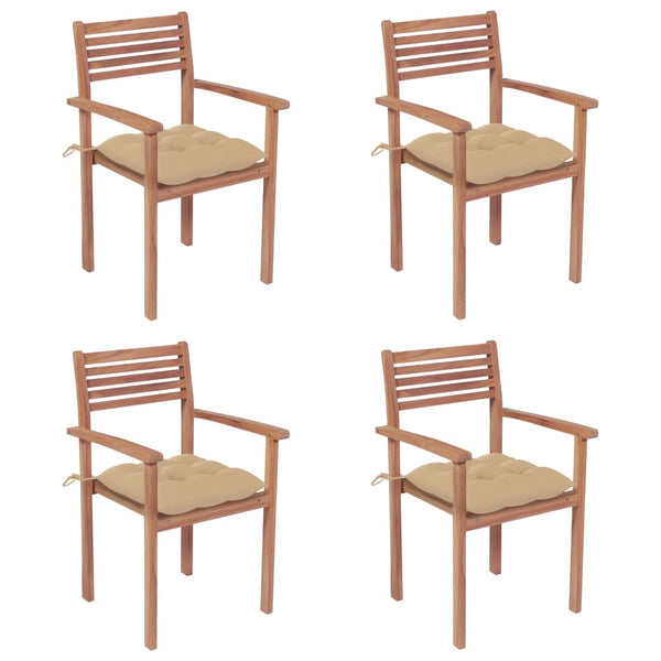 Gartenstühle 4 Stk. mit Beigen Kissen Massivholz Teak