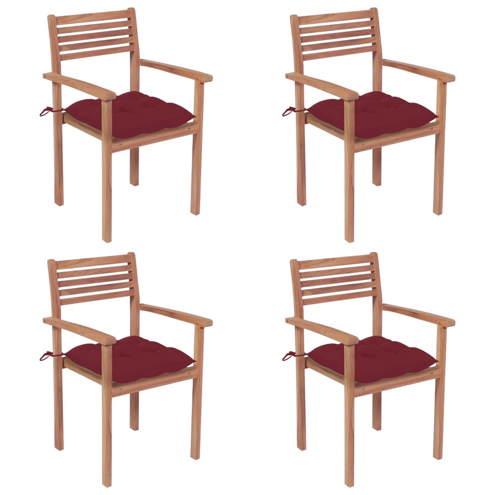 Gartenstühle 4 Stk. mit Weinroten Kissen Massivholz Teak