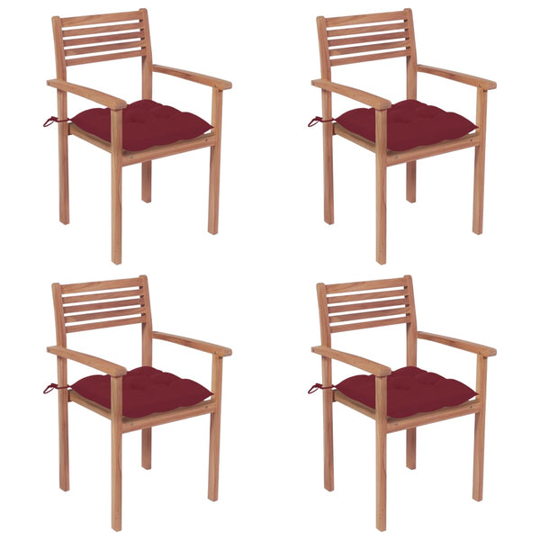 Gartenstühle 4 Stk. mit Weinroten Kissen Massivholz Teak