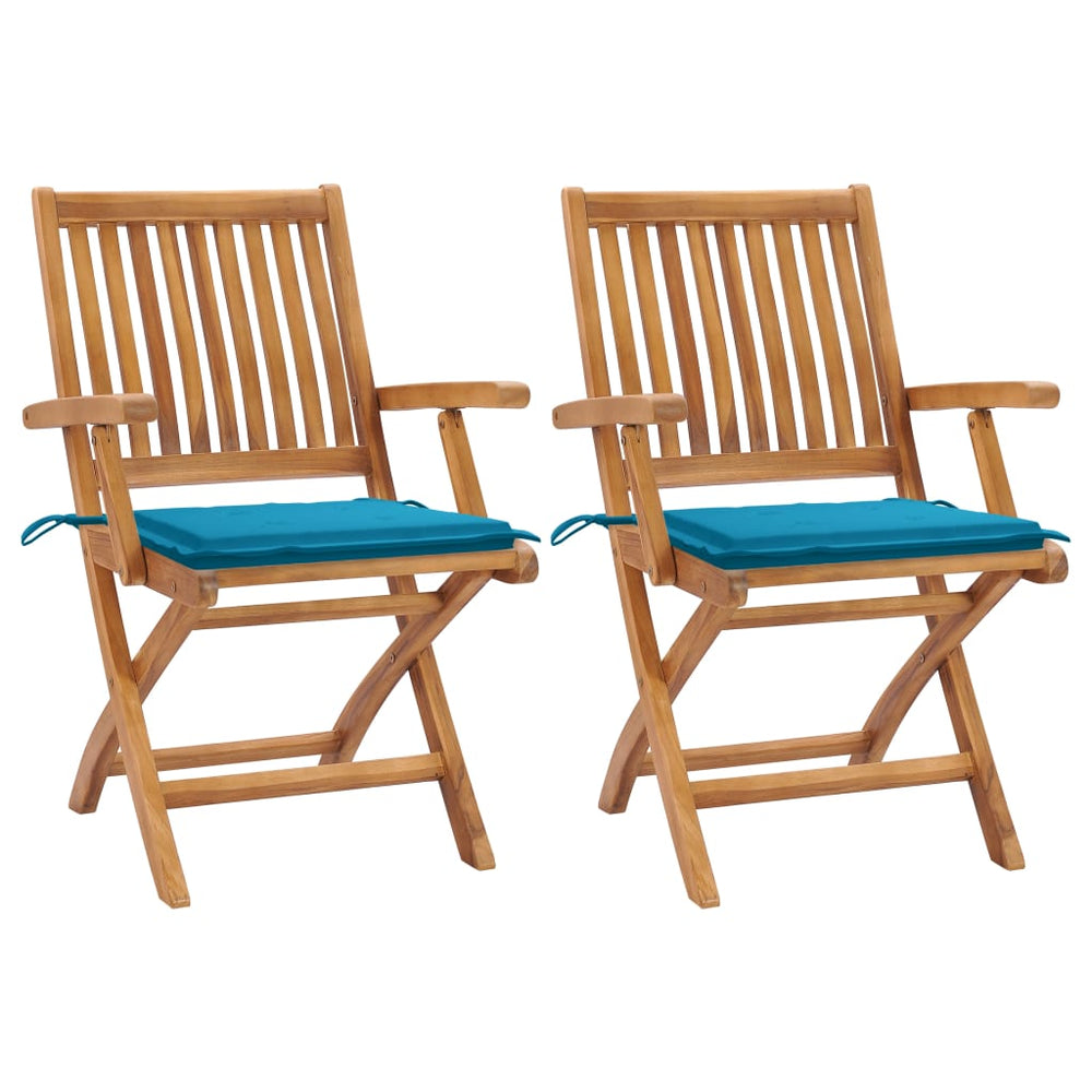 Gartenstühle 2 Stk. mit Blauen Kissen Teak Massivholz