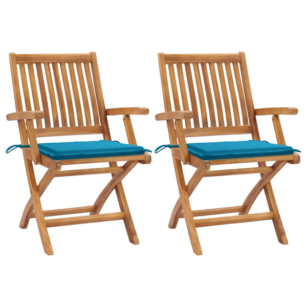 Gartenstühle 2 Stk. mit Blauen Kissen Teak Massivholz