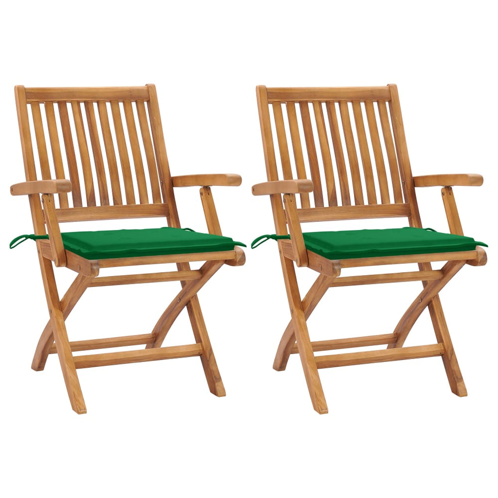 Gartenstühle 2 Stk. mit Grünen Kissen Teak Massivholz