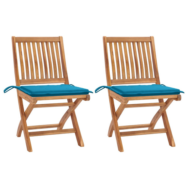 Gartenstühle 2 Stk. mit Blauen Kissen Teak Massivholz