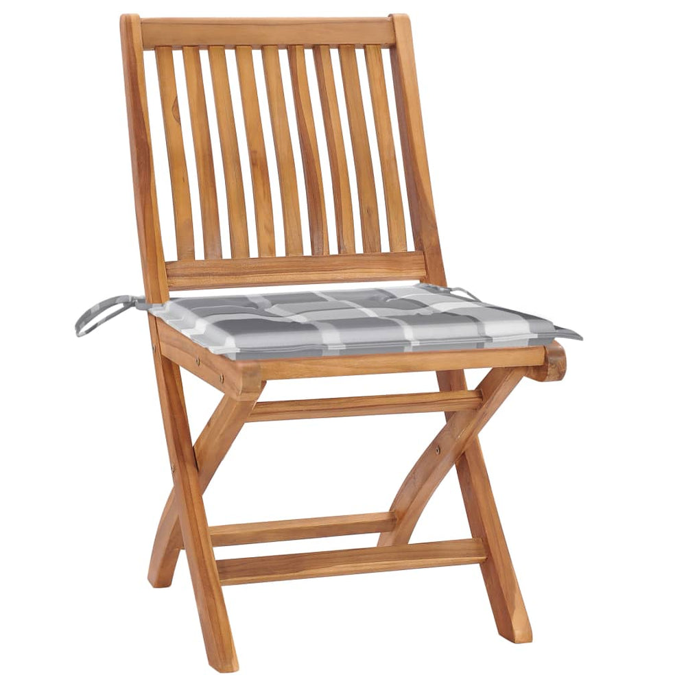Gartenstühle 2 Stk. Graue Karomuster-Kissen Massivholz Teak