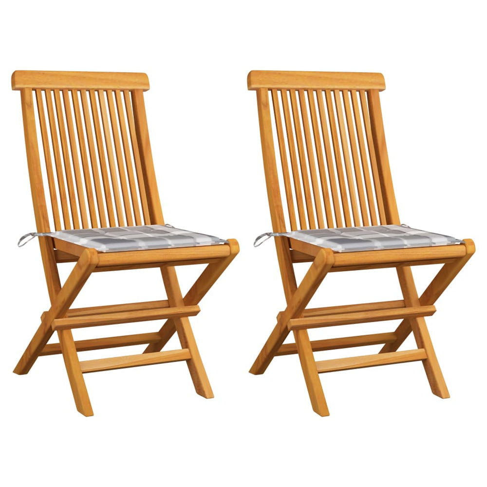 Gartenstühle Graue Karomuster-Kissen 2 Stk. Massivholz Teak