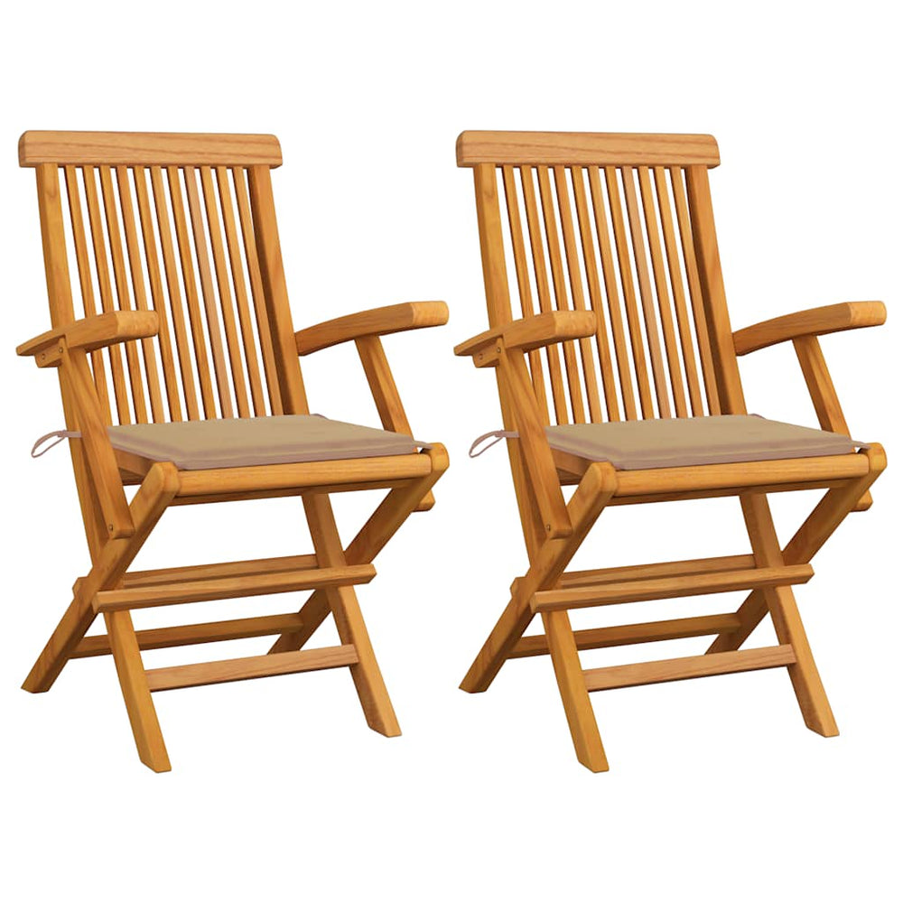 Gartenstühle mit Beige Kissen 2 Stk. Massivholz Teak