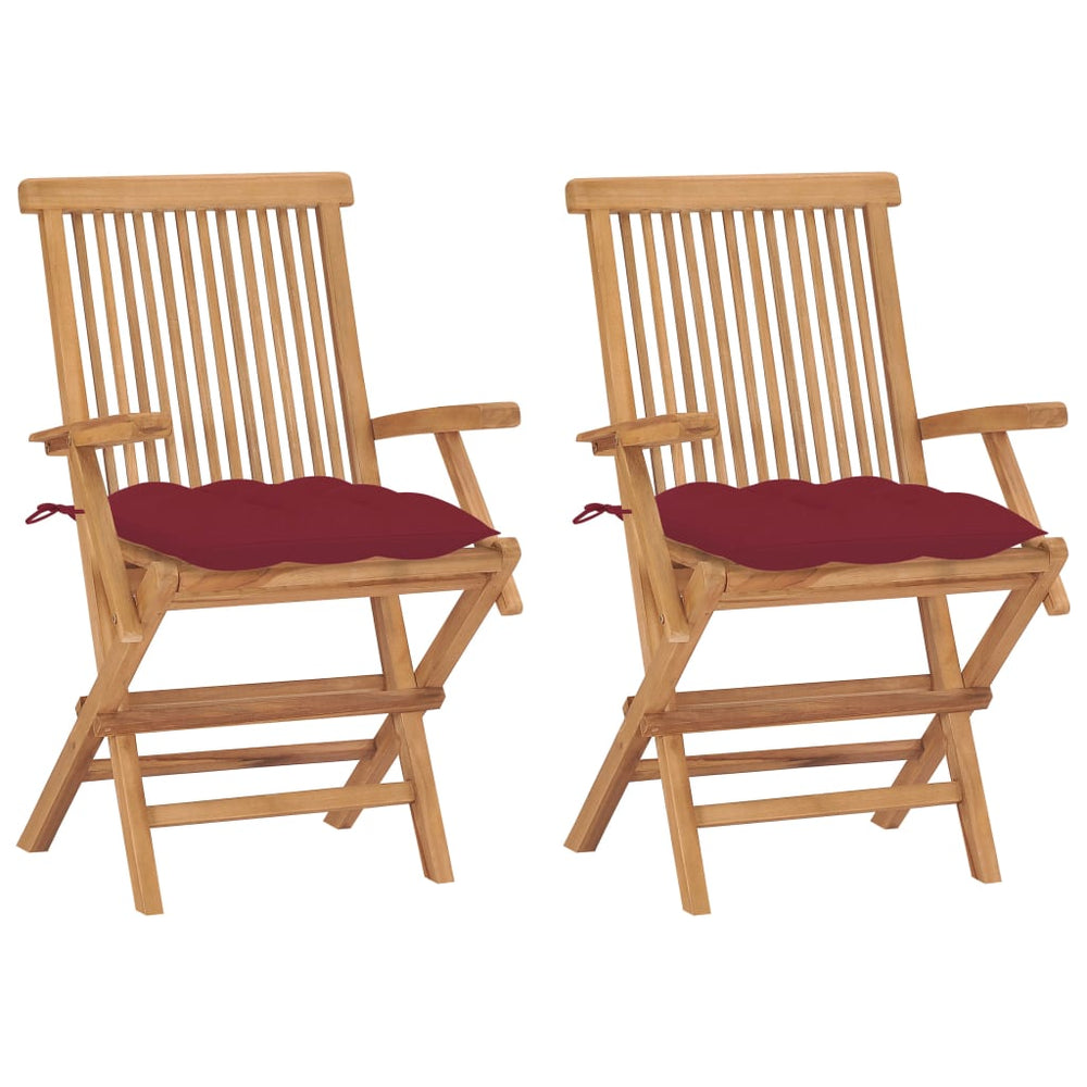 vidaXL Garden Chairs with Wine Red Cushions 2 pcs Solid Teak Wood