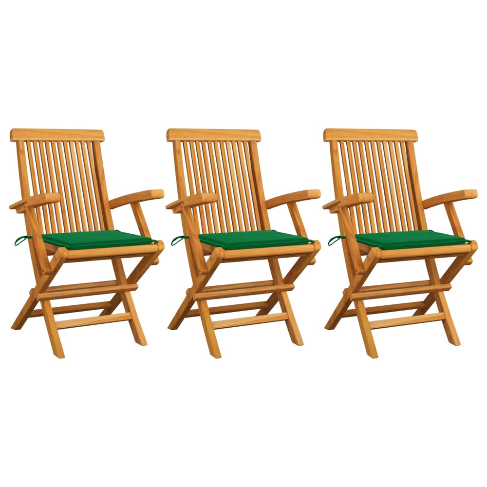 vidaXL Garden Chairs with Green Cushions 3 pcs. Solid Teak Wood