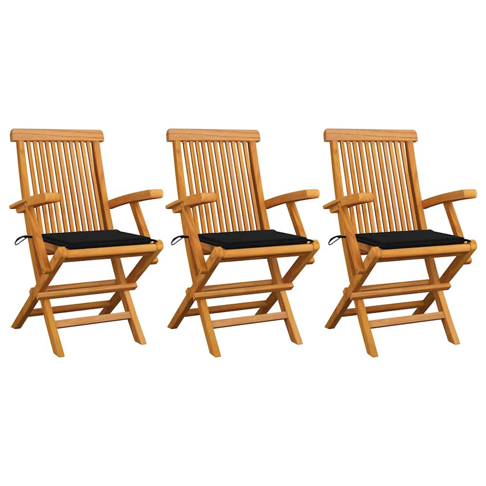vidaXL Garden Chairs with Black Cushions 3 pcs. Solid Teak Wood