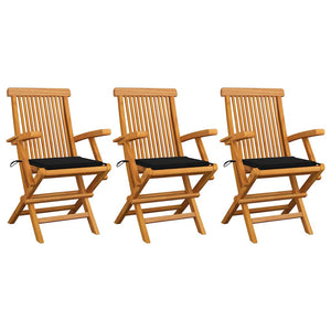 Gartenstühle mit Schwarzen Kissen 3 Stk. Massivholz Teak