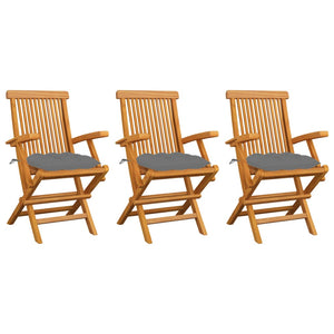 Gartenstühle mit Grauen Kissen 3 Stk. Massivholz Teak