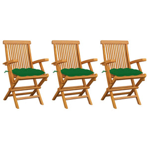 Gartenstühle mit Grünen Kissen 3 Stk. Massivholz Teak