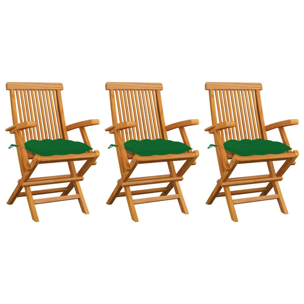 Gartenstühle mit Grünen Kissen 3 Stk. Massivholz Teak