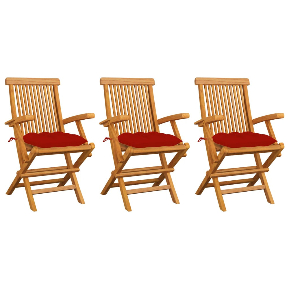 vidaXL Garden Chairs with Red Cushions 3 pcs. Solid Teak Wood