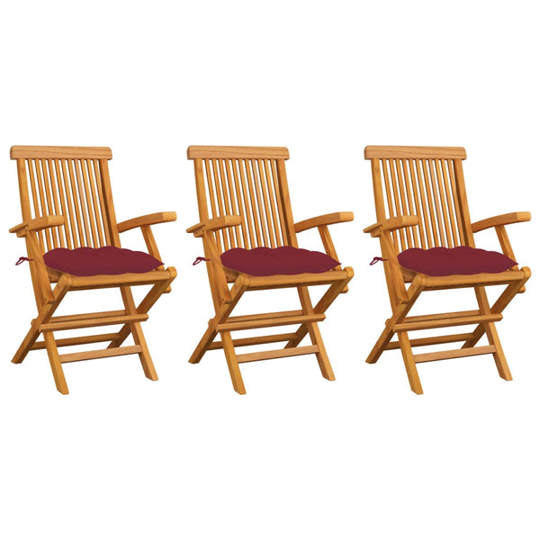 Gartenstühle mit Weinroten Kissen 3 Stk. Massivholz Teak